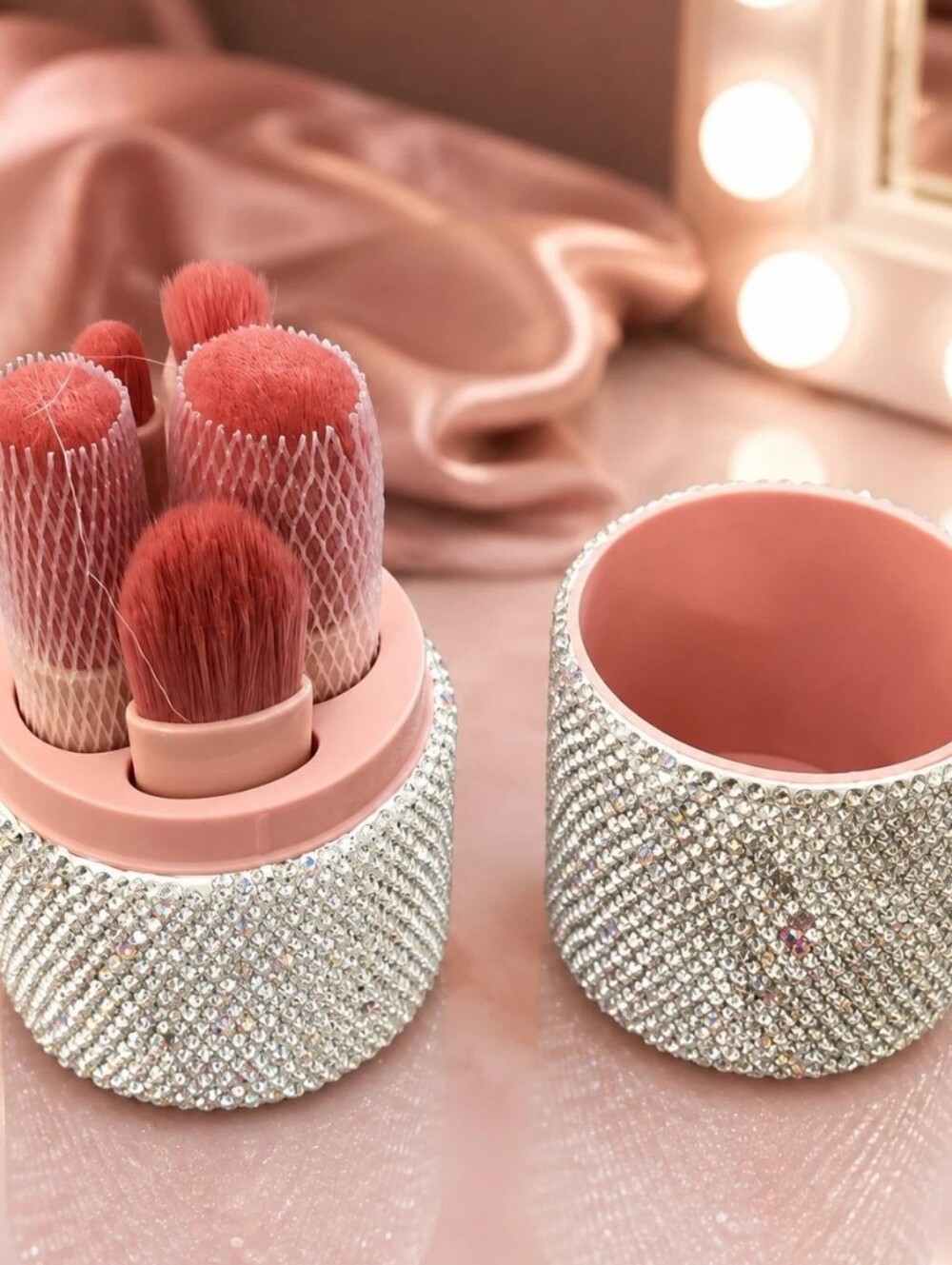 New Pink Makeup Brush Set with Silver Rhinestone Travel Case Bling Glam